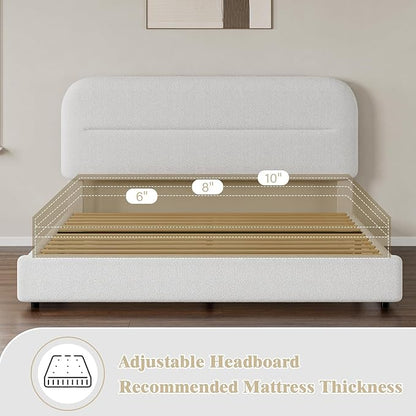 Full Size Bed Frame, Boucle Upholstered Bed Frame Full with Headboard and Thickened Footboard, Rounded Corners, No Box Spring Needed, Easy Assembly, White