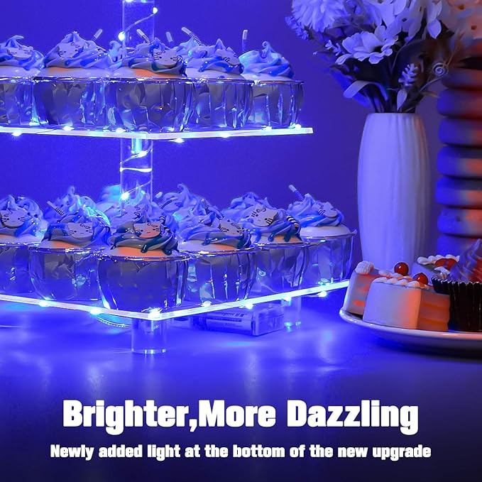 YestBuy 3 Tier Square Cupcake Stand - Premium Cupcake Holder - Acrylic Cupcake Tower Display - Cady Bar Party Décor + LED Light String - Ideal for Weddings, Birthday Parties( Blue Light)