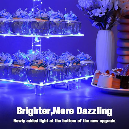 YestBuy 3 Tier Square Cupcake Stand - Premium Cupcake Holder - Acrylic Cupcake Tower Display - Cady Bar Party Décor + LED Light String - Ideal for Weddings, Birthday Parties( Blue Light)