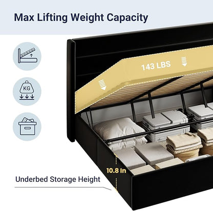 Allewie King Size Velvet Lift Up Storage Bed, Modern Wingback Headboard, Hydraulic Support, No Box Spring Needed, Black