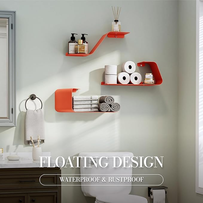 Floating Wall Shelves Set of 3, Metal Mounted Shelf with Unique Design, Bookshelf for Storage & Display in Bathroom, Bedroom, Kitchen, Living Room, Orange Home Decor