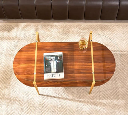 AGV LIGHTING Oval Rectangle Coffee Table with Clear Glass Top, Mid-Century Modern Coffee Table, Walnut MDF Shelf and Glod Metal Legs, Capsule Shape 2 Tier Coffee Table for Living Room, 42 Inch