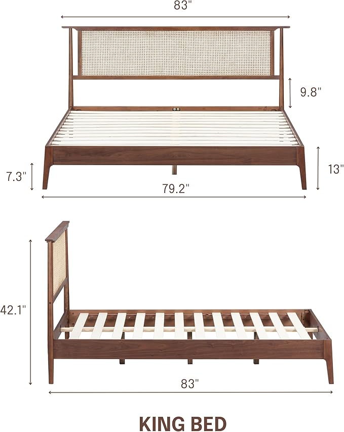 NTC Ruby Wooden Bed Frame with Headboard and Natural Rattan, Solid Oak/Rubber Wood Foundation with Silent Slats, 1000 Lb Capacity, Effortless Assembly (Natural Cane - Dark Walnut, King)