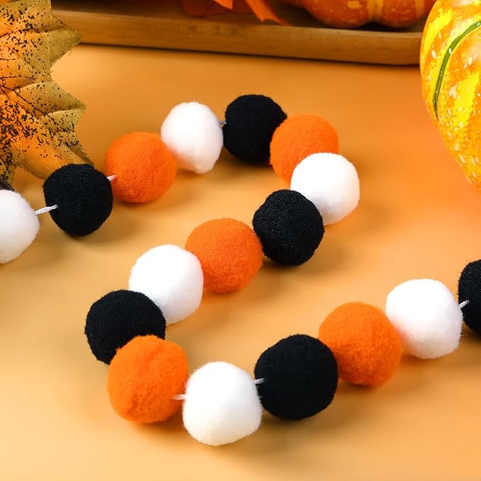 MARFOREVER Halloween Pom Pom Garlands Decorations, 4 Pack 26.3 Feet Halloween 30 Balls Black Orange White Felt Ball Hanging Garlands for Autumn Xmas Party Home Wall Decor Supplies