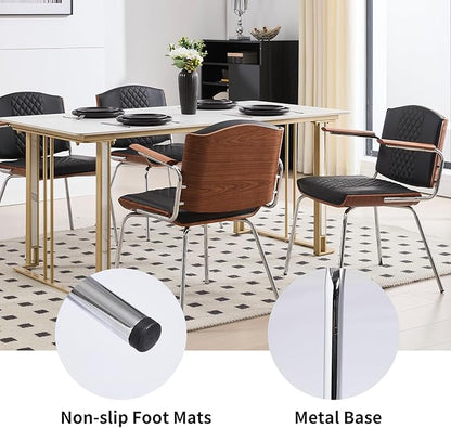 Modern Dining Chairs Set of 2 – Walnut Wood Frame with PU Leather Seat, Silver Metal Legs – Mid-Century Kitchen Chairs for Dining Room, Kitchen, Black