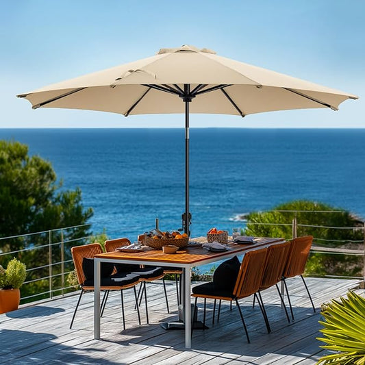 wikiwiki 9 FT Patio Umbrellas Outdoor Table Market Umbrella with Push Button Tilt/Crank,8 Sturdy Ribs, Fade Resistant Waterproof POLYESTER DTY Canopy for Garden, Lawn, Deck, Backyard & Pool