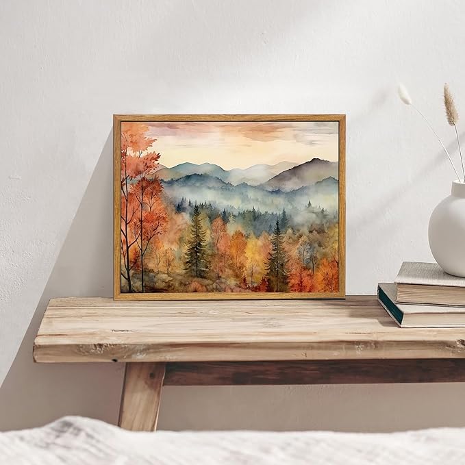 KBKBART Framed Vintage Wall Art for Living Room Bedroom Decor, Retro Autumn Watercolor Country Landscape Canvas Painting Farmhouse Wall Art, Rustic Fall Bathroom Wall Decor Vintage Room Decor(8"x10")