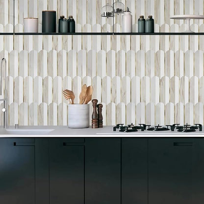 Vamos Tile Peel and Stick Backsplash Seamless Tile for Kitchen and Bathroom,White and Glossy Wooden Marble PVC Mixed Light Gold Self Adhesive Fish Scale Metal Mosaic Tiles (10 Sheets)