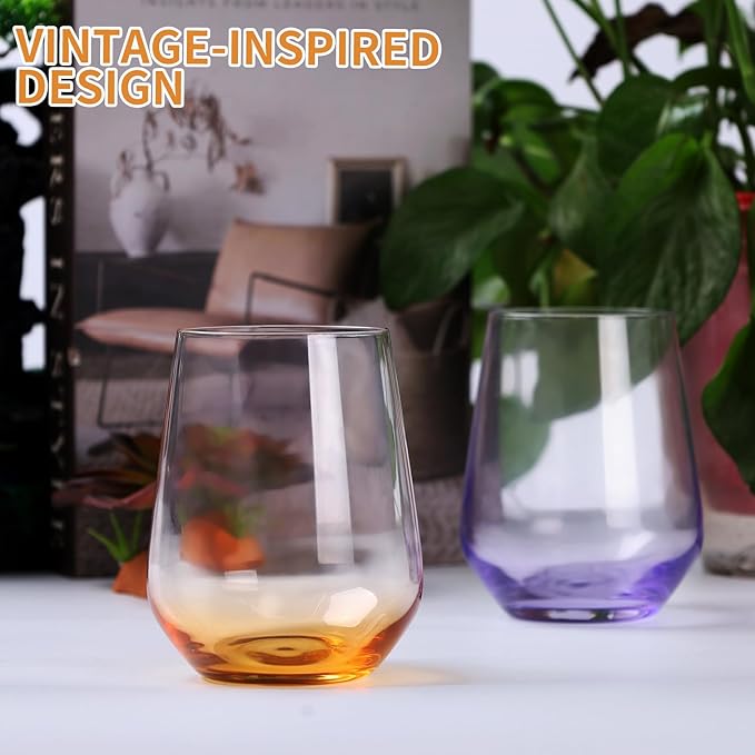 Set of 8 Drinking Glasses, Hand Blown, 4 Highball Glasses 18oz & 4 Stemless Wine Glasses 15oz, Colored Water Glass Cups, for Wedding, Gift