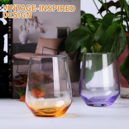 Set of 8 Drinking Glasses, Hand Blown, 4 Highball Glasses 18oz & 4 Stemless Wine Glasses 15oz, Colored Water Glass Cups, for Wedding, Gift