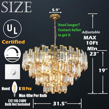 Gold Crystal Chandelier Lighting Foyer Hall Entry Way Chandeliers Light Fixture for High Ceiling Sloped Pendant Hanging French Empire Style Round Large 31.5 inch