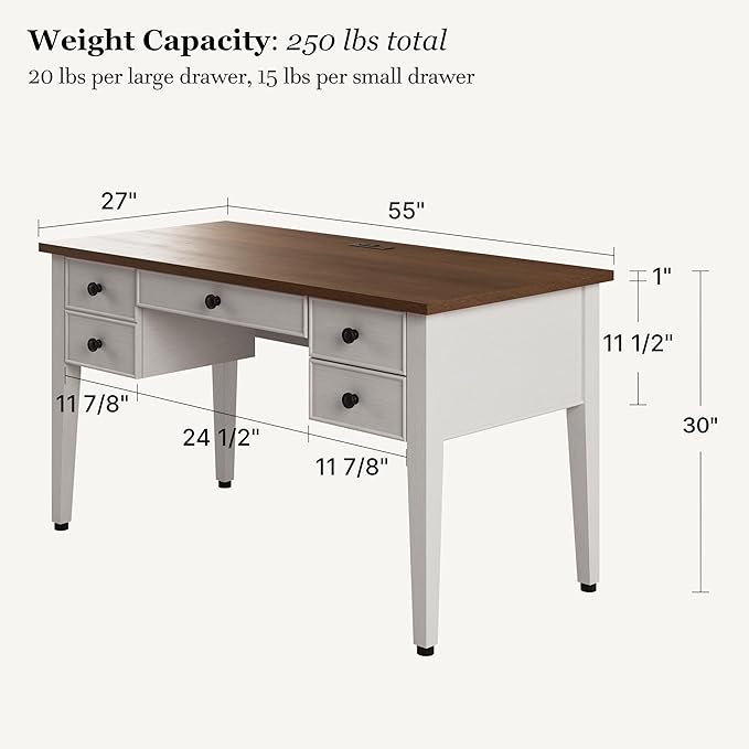 EUREKA ERGONOMIC Farmhouse Writing Desk, 55" Executive Office Desk with 3 Drawers,Keyboard Tray,Mid-Century Modern Computer Desk w Solid Wood Legs,Birch Finish,Antique White