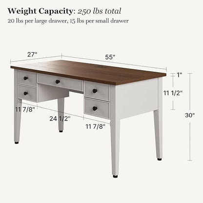 EUREKA ERGONOMIC Farmhouse Writing Desk, 55" Executive Office Desk with 3 Drawers,Keyboard Tray,Mid-Century Modern Computer Desk w Solid Wood Legs,Birch Finish,Antique White