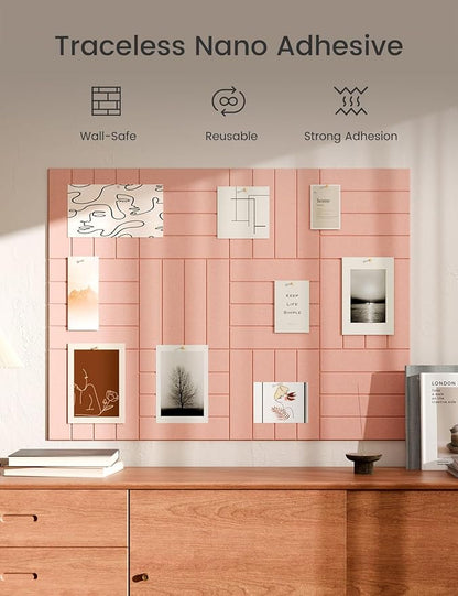 Bumusty Large Cork Board Alternative-47 x35 Felt Bulletin Board Tiles, with 30 Pushpins, 70 Adhesive Tabs, 12-Pack Slat Wall Paneling, Cork Boards for Office Push Pin Board Felt Board-Pink