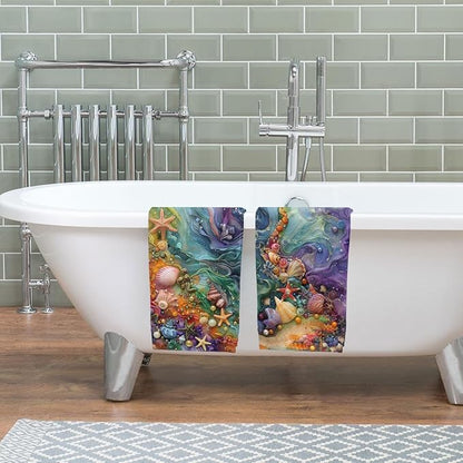 Colorful Beach Kitchen Towels Set of 2 Seashells Starfish Ocean Waves Dish Towels Housewarming Holiday Tabletop Decor Beach