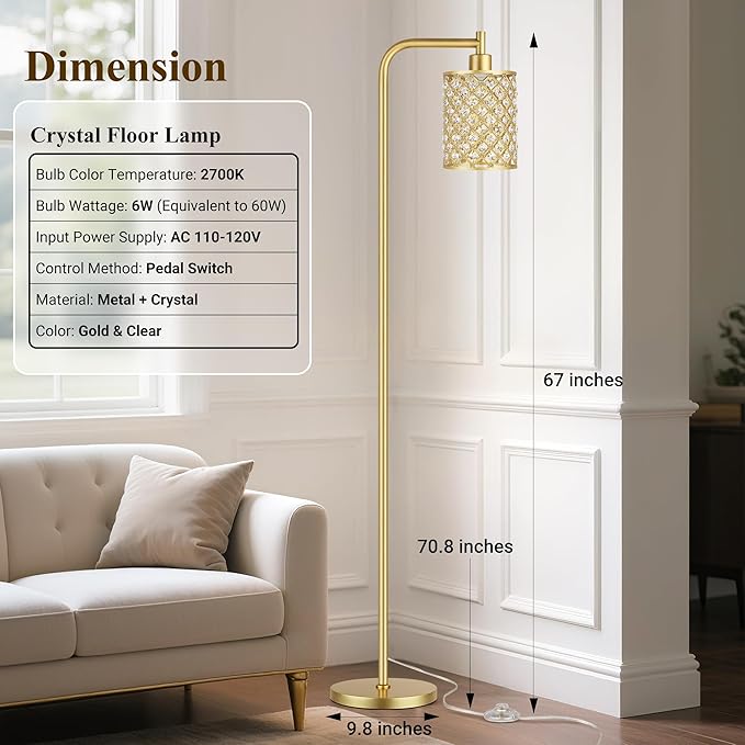 QiMH Industrial Floor Lamp for Living Room, Modern Standing Lamp with Crystal Lampshade Pedal Switch, 67” Tall Lamp for Bedroom Study Room, Gold(2700K LED Bulb Included)