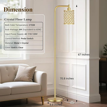 QiMH Industrial Floor Lamp for Living Room, Modern Standing Lamp with Crystal Lampshade Pedal Switch, 67” Tall Lamp for Bedroom Study Room, Gold(2700K LED Bulb Included)