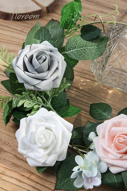 Floroom Artificial Flowers 25pcs Real Looking Shimmer Silver Grey Foam Fake Roses with Stems for DIY Christmas Ornaments Wedding Bouquets Party Tables Centerpieces Floral Arrangements Home Decorations