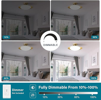 Dimmable Mid Century Modern Semi Flush Mount Ceiling Light with Acrylic Shade,White Gold LED Ceiling Light,5CCT 2700K-6000K Light Fxiture for Hallway Bedroom Kitchen Laundry Room Living Room 15.7 in