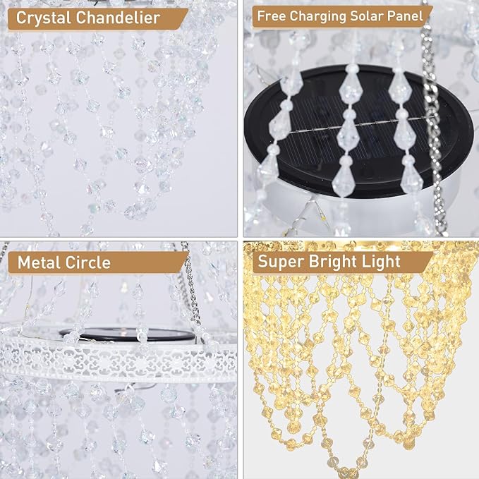 Solar Hanging Crystal Chandelier Outdoor Garden Decorative Lights Powerful Lithium Battery 54 Warm White LEDs Waterproof Hanging Lantern for Christmas Garden, Yard, Patio, Gazebo, Party, Wedding