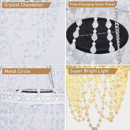Solar Hanging Crystal Chandelier Outdoor Garden Decorative Lights Powerful Lithium Battery 54 Warm White LEDs Waterproof Hanging Lantern for Christmas Garden, Yard, Patio, Gazebo, Party, Wedding