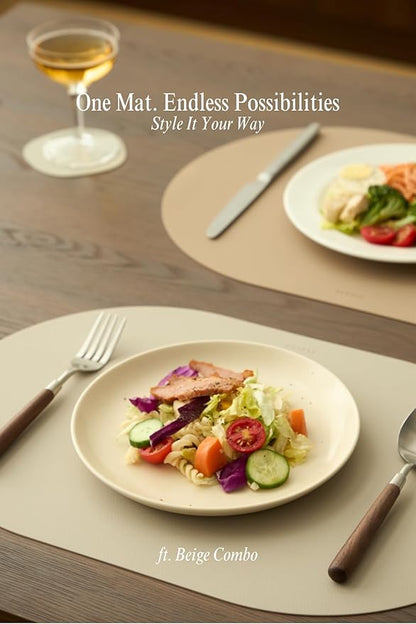 Chifon Beige Oval Silicone Placemats Set of 4 – Heat Resistant, Waterproof, Easy to Clean Non-Slip Modern Dining Table Mats – Premium Leather Textured Japandi Kitchen Decor (Grey Beige)