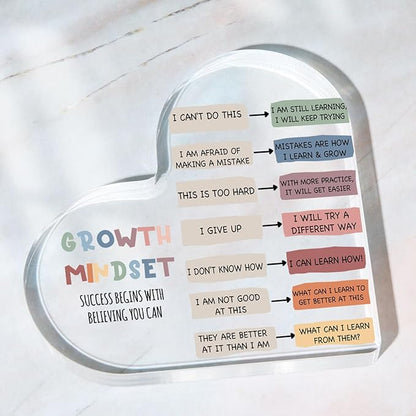 Growth Mindset Decor, Mental Health Therapy Office Classroom Art Educational Acrylic Heart Inspirational Gift Change Your Mindset Decorations Positive Sayings Gifts for Teacher Students School