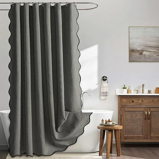 MIULEE 84" Long Scalloped Shower Curtain Linen Textured with 12 Metal Hooks Cute Extra Long Heavy Duty Washable Waterproof Cloth Curtains with Black Border for Bathroom Hotel Bathtub,Charcoal Grey