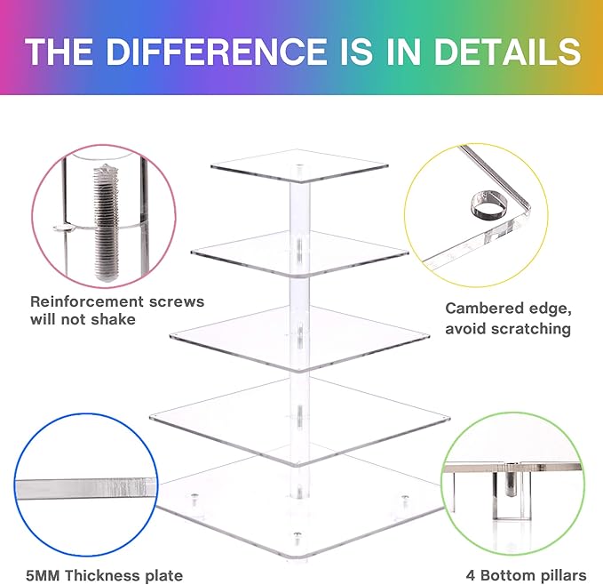 YestBuy Cupcake Stand – 5 Tier Premium Cupcake Holder – Acrylic Cupcake Tower Display – Cady Bar Party Décor – Acrylic Display for Pastry + LED Light String – Ideal for Weddings, Birthday (Colorful)