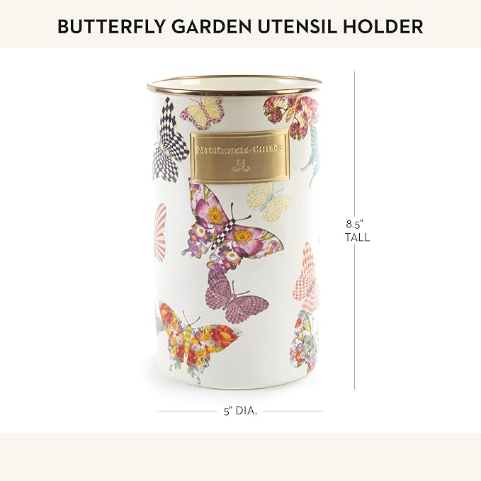 MACKENZIE-CHILDS Enamel Utensil Holder, Kitchen Utensil Holder for Countertop, Storage Caddy, Butterfly Garden