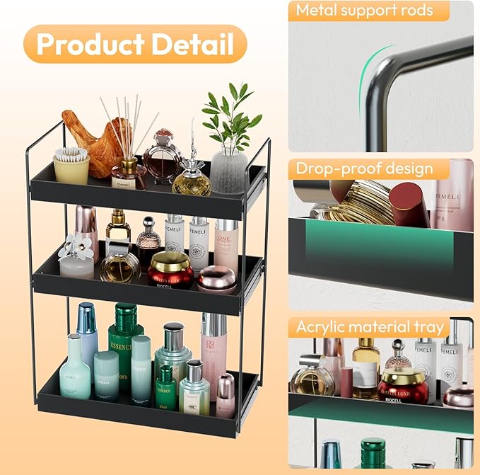 Bathroom Countertop Organizer, 3 Tier Metal Vanity Counter Skincare Shelf, Matte Black Under Sink Standing Rack With Acrylic Tray, Home Storage Holder For Lotion Makeup Cosmetics Perfume Spice