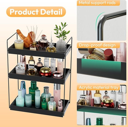 Bathroom Countertop Organizer, 3 Tier Metal Vanity Counter Skincare Shelf, Matte Black Under Sink Standing Rack With Acrylic Tray, Home Storage Holder For Lotion Makeup Cosmetics Perfume Spice