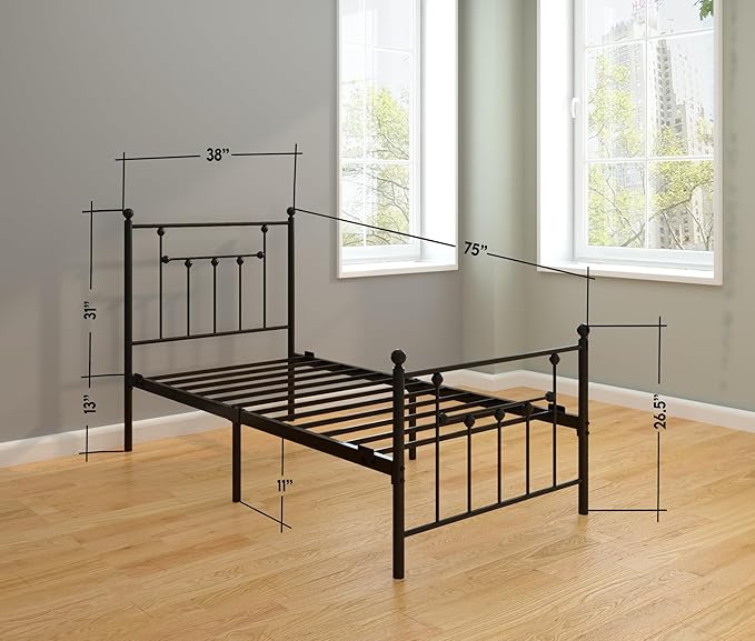 Golden Gate Beds Victorian Style Metal Platform Bed Frame with Antique Wrought Iron-Art Headboard and Footboard, Classic Cama Steel Mattress Foundation, No Box Spring Needed, Twin Size, Black Finish
