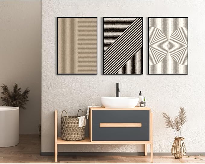 Boho Modern Wall Art Pictures Neutral Abstract Canvas Wall Decor Minimalist Line Wall Art Beige Brown Black Poster Mid Century Painting Artwork for Living Room Bedroom 12x16 Inch Framed Set of 3