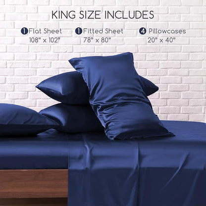 MR&HM Satin Bed Sheets, King Size Sheets Set, 6 Pcs Silky Bedding Set with 15 Inches Deep Pocket for Mattress (King, Navy Blue)