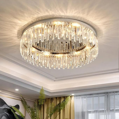 Modern Chandelier for Living Room, 24in Flush Mount Crystal Ceiling Light Fixture Chrome Large Raindrop Chandelier Lighting Fixture for Dining Room Living Room Bedroom Kitchen