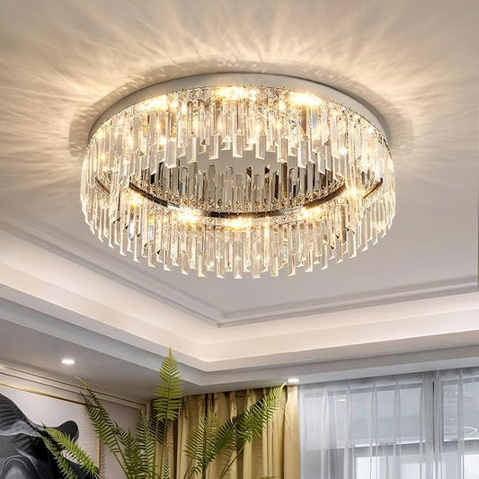 Modern Chandelier for Living Room, 24in Flush Mount Crystal Ceiling Light Fixture Chrome Large Raindrop Chandelier Lighting Fixture for Dining Room Living Room Bedroom Kitchen
