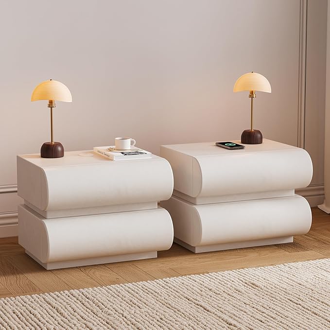 homary 2-Drawer Smart Nightstands Set of 2 with Wireless Charging Station, USB & Type-C Ports, Faux Leather White Night Stands Modern Bedside Tables for Bedroom Storage, Fully Assembled