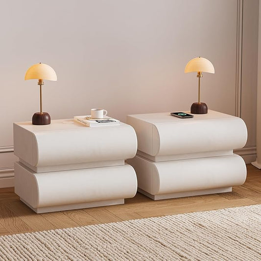 homary 2-Drawer Smart Nightstands Set of 2 with Wireless Charging Station, USB & Type-C Ports, Faux Leather White Night Stands Modern Bedside Tables for Bedroom Storage, Fully Assembled