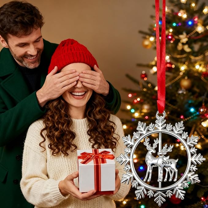 Christmas Ornaments 2025 for Tree Decoration Metal Snowflake Ornament 2025 Dated Xmas Wreath with Rotatable Reindeer Shiny Silver Holiday Decorative Keepsake Gifts for Family Friends