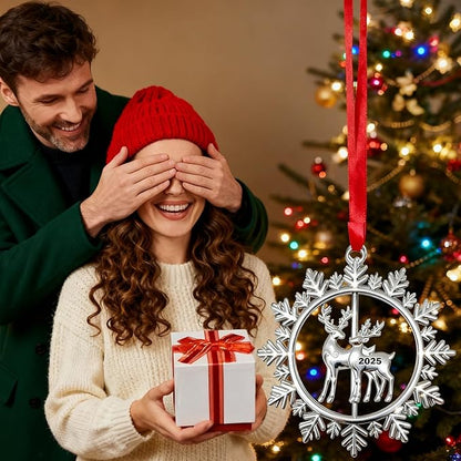 Christmas Ornaments 2025 for Tree Decoration Metal Snowflake Ornament 2025 Dated Xmas Wreath with Rotatable Reindeer Shiny Silver Holiday Decorative Keepsake Gifts for Family Friends