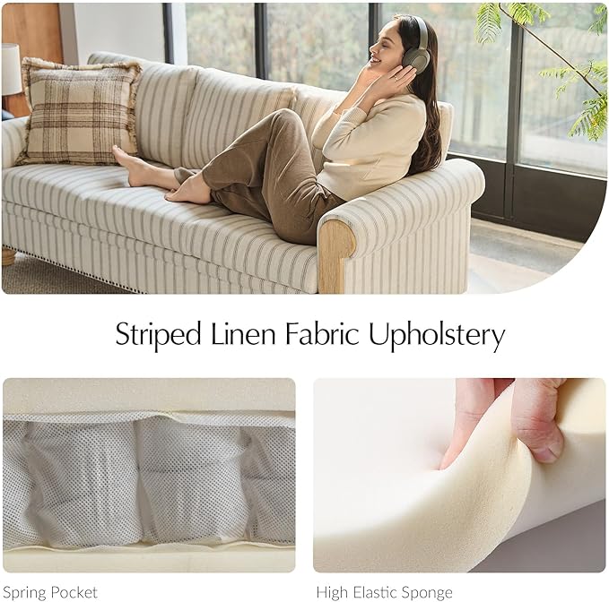 EcoHarbor Living 3-Seater Couch, Stripe 81" Mid-Century Modern Upholstered Sofa with Armrests, Stripe Couches for Living Room, Bedroom, Office, Apartment