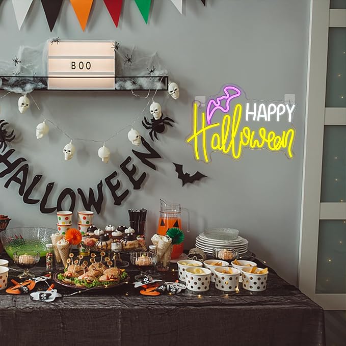 LUCUNSTAR Happy Halloween Neon Sign,Neon Signs for Wall Decor,Dimming Light LED Acrylic Bat Shape Wall Light Signs Lights for Halloween Day Decor,Man Cave Bedroom,Party