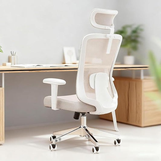 Ergonomic Office Chair with Adjustable Lumbar Support & Flip-Up Armrests - High Back Desk Chair with Thickened Seat Cushion, Rolling Wheels for Home/Office Study Work (05khaki)