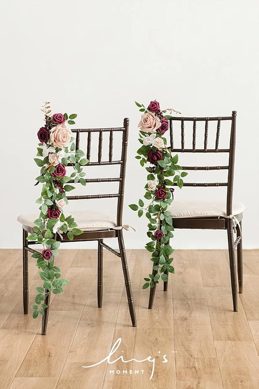 Ling's Moment Fall 10pcs Wedding Chair Decorations Aisle Floral Swag Artificial Pew Flowers Hanging Garland Marsala & Blush for Ceremony Reception Church Rose Floral Arrangement Party Outdoor Decor
