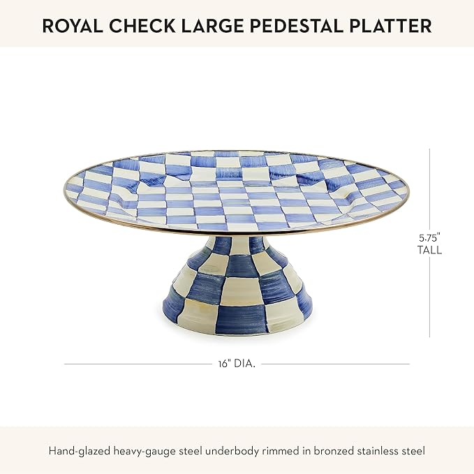 MACKENZIE-CHILDS Enamel Pedestal Platter, Round Cake Stand, Large, Blue-and-White Royal Check