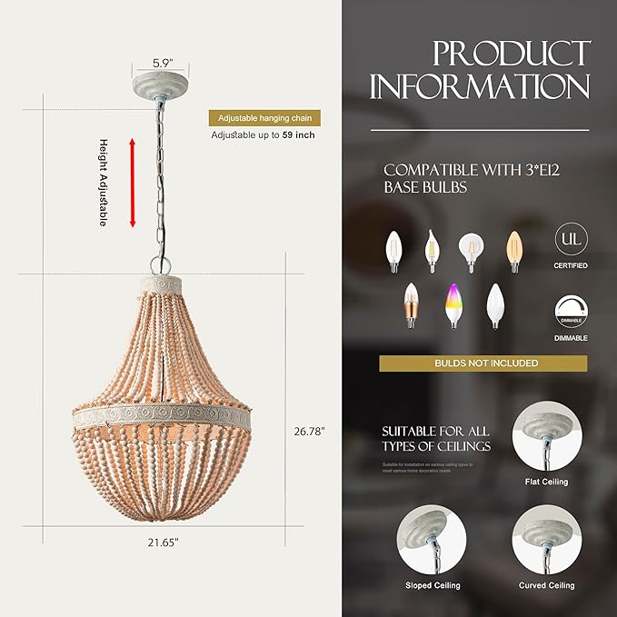 Boho Wood Beads Chandelier Vintage Rustic Farmhouse Chandeliers 3-Lights Wooden Island Pendant Lighting Fixture Retro Ceiling Lights for Dining Room Kitchen Bedroom Foyer D21.65