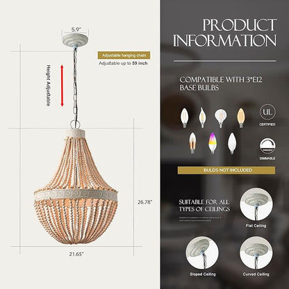 Boho Wood Beads Chandelier Vintage Rustic Farmhouse Chandeliers 3-Lights Wooden Island Pendant Lighting Fixture Retro Ceiling Lights for Dining Room Kitchen Bedroom Foyer D21.65