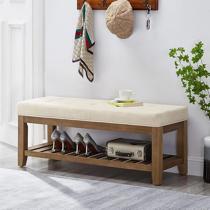 24KF Large Rectangular Upholstered Tufted Linen Ottoman Bench, Padded Bench with Solid Wood Shelf-Ivory