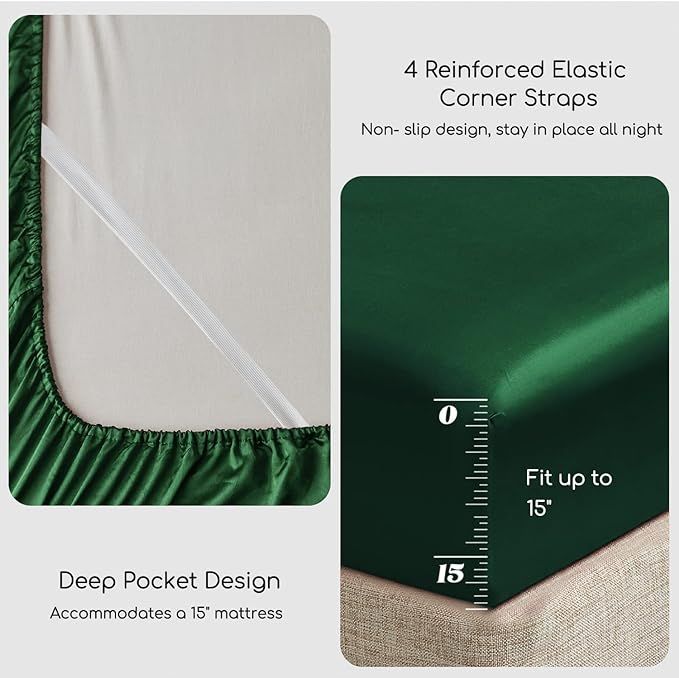 MR&HM Satin Bed Sheets, Queen Size Sheets Set, 4 Pcs Silky Bedding Set with 15 Inches Deep Pocket for Mattress (Queen, Dark Green)